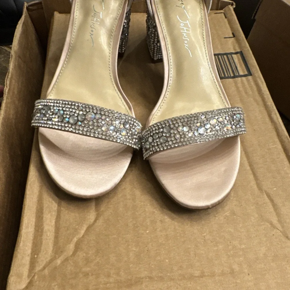 Embellished Block Heel Sandal in Blush with Silver Crystals